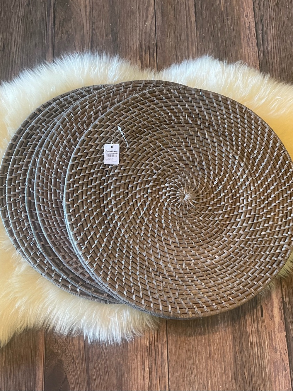 Crate&Barrel Round Grey Woven Rattan Placemats ~ set of 6